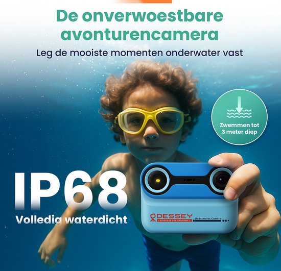 ODESSEY Waterdichte Kindercamera - met Tripod - Full HD - Selfie Camera - 32GB SD Kaart - Foto - Video - Spelletjes - Digitale Camera Kinderen - Fototoestel voor kinderen - Blauw