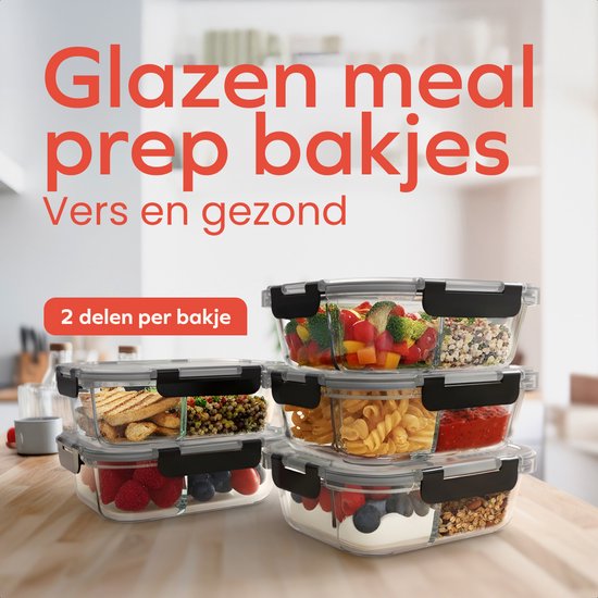 KitchenBrothers Meal Prep Bakjes Set - Met Scheiding - Glazen Vershoudbakjes - Twee Compartimenten - Luchtdicht - BPA Vrij - Diepvriesbakjes - Bewaarbakjes - 5L - Glas - 5 Stuks