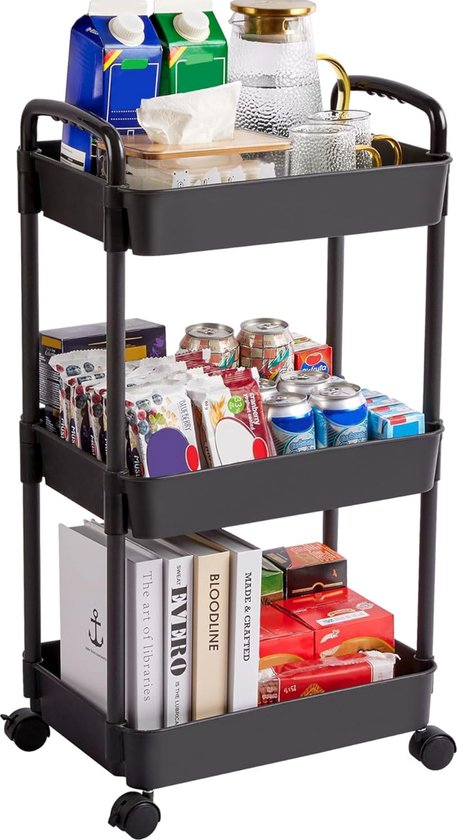 Posity Keukentrolley op wieltjes – Serveerwagen / Opbergtrolley / Keukenrek / Trolley Keuken – Verrijdbaar en Vast – 3 Lagen – Kunststof – Zwart