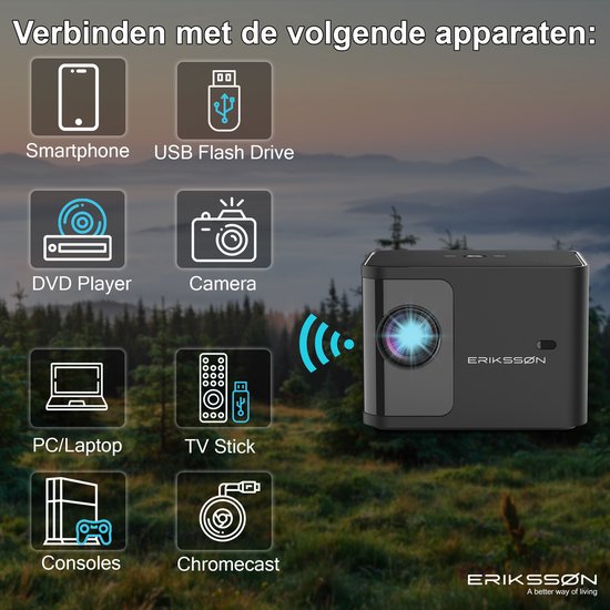 Erikssøn Beamer Prime - Ingebouwde Krachtige Speaker - 6600 Lumen - 1080P Full HD - Wifi Projector - Streamen vanaf je telefoon - Mini Beamer - Beamers - IOS & Android - Smart - Zwart