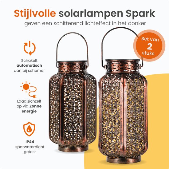 Goliving Solar Tafellamp Spark – Buitenlamp – 2 Stuks – Buiten Lantaarn – Tuinverlichting op Zonne-energie – LED Buitenverlichting – Hanglamp – 21 cm – Metaal – Brons
