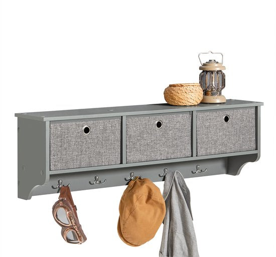 SoBuy FRG282-HG-FSC Wandkapstok - Grijze Wandplank met Manden & Haken