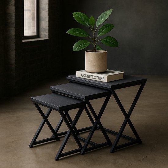 Ceruzo Bijzettafels - Paris - Set van 3 - Zwart Metaal en MDF - Modern Design