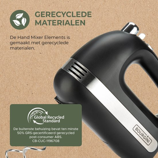 Bourgini Elements - Handmixer - 5 snelheden met Turbo - RVS accessoires - 400W vermogen - GRS gecertificeerd gerecyclede materialen