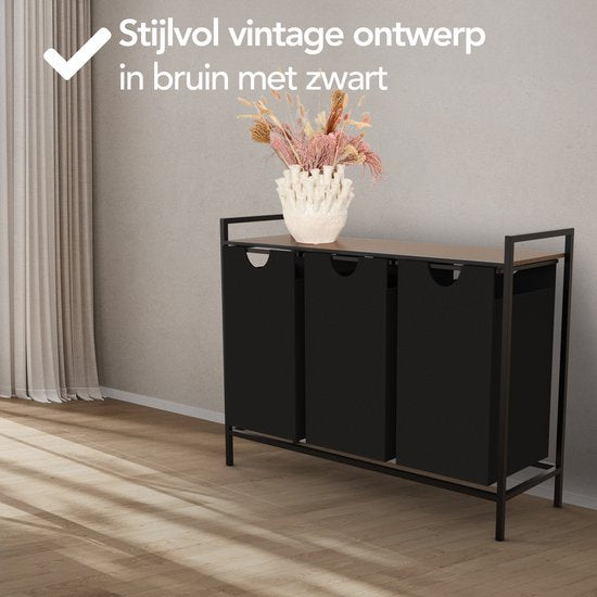 Brixy Wasmand 3 Vakken - Wassorteerder - Uitschuifbaar - Wasbox Metaal - 117L Inhoud - 90 x 33 x 70 cm - Zwart/Bruin