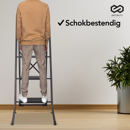 Infinity Goods Stevige Huishoudtrap 4 Treden - Keukentrap Inklapbaar - Anti-Slip - Trap Ladder - Opvouwbaar - Metaal - Zwart