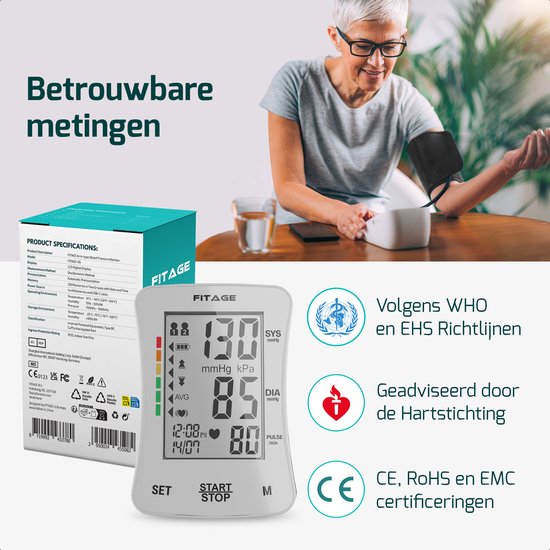 FITAGE Medische Bloeddrukmeter Bovenarm - Bloeddrukmeters - Hartslagmeter - Blood Pressure Monitor - Manchet 22-42cm - WIT