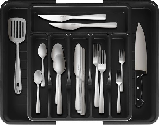 Deleca Uitschuifbaar Bestekbak met 8 Vakken - Besteklade Organizer - Keukenlade Bestek Organiser - Bestekhouder Keuken - 57 x 38 cm - Kunststof / Zwart