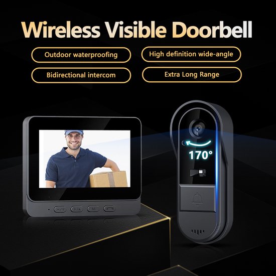 Fuegobird Draadloze Deurbelsets - Slimme Video Doorbell - met 4.3 inch display - IP65 waterdicht - HD-camera met 170° groothoek en nachtzicht - met 32G geheugenkaart - Zwart