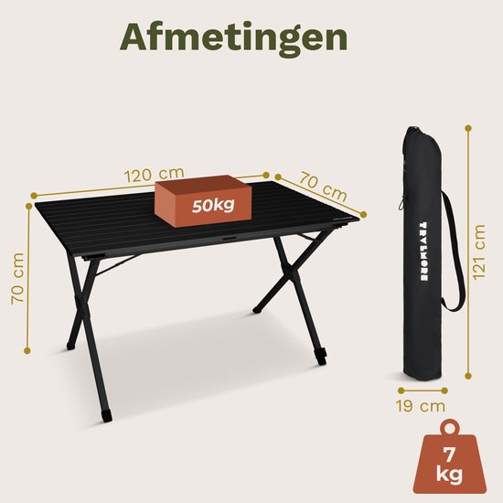 TRVLMORE Campingtafel - 120x70x70cm - Lichtgewicht met Aluminium Frame - Vouwtafel Verstelbaar - Kampeertafel - Klaptafel - Zwart