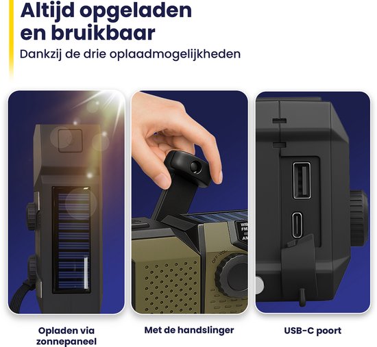 ODESSEY Noodradio Solar Opwindbaar - 2000 mAh Powerbank - Zaklamp - Draagbare Radio - Noodpakket
