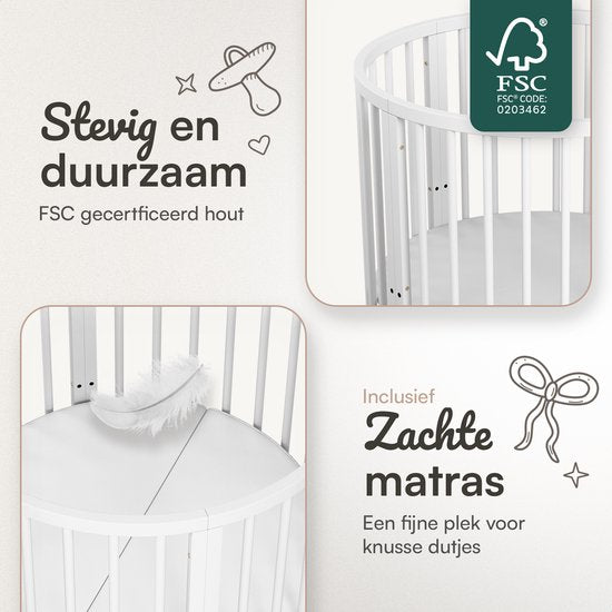 Flowsense Baby Box – Ronde Speelbox Box – Met Matras – Verstelbare Hoogtes – Wielen - Wit