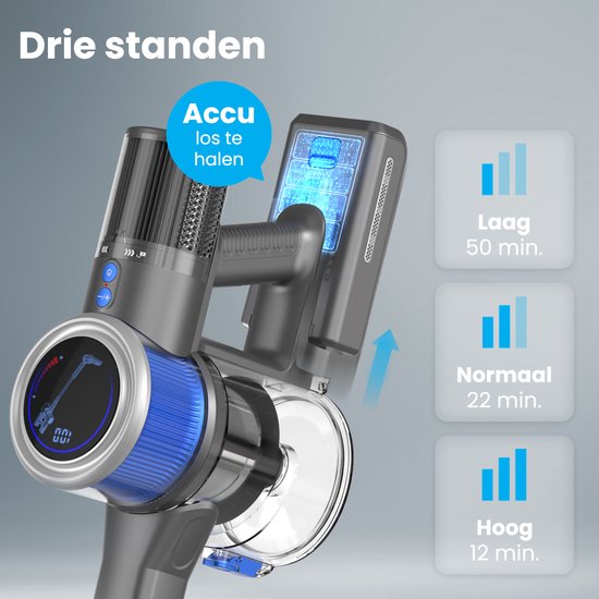 Auronic Steelstofzuiger Draadloos 350W - Draadloze Stofzuiger - HEPA Filter - Zelfstaand - Op Accu - Zonder Zak - Kruimeldief - Vacuum Cleaner - Grijs/Blauw