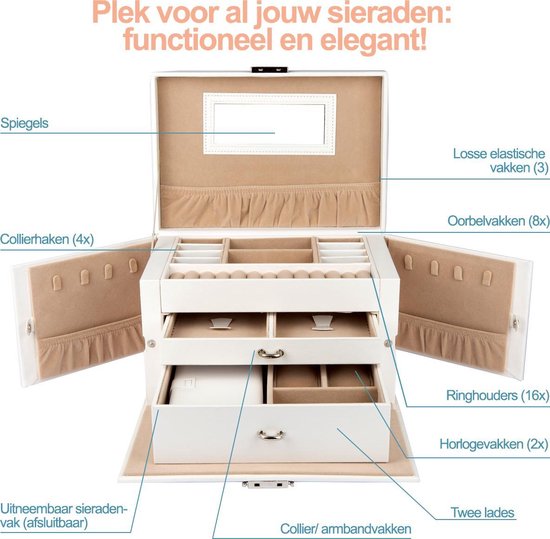 LifeGoods Sieradendoos XL - Juwelendoos - 20 Vakken - Wit/Beige