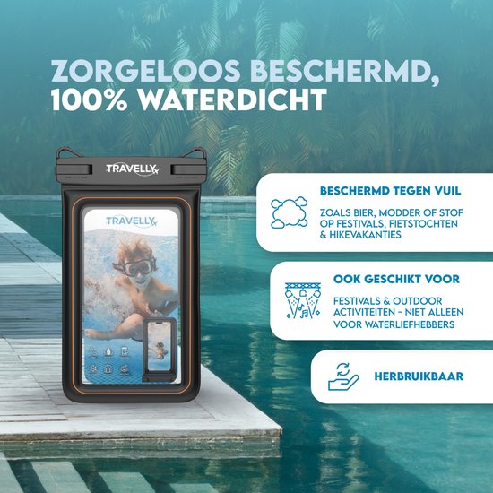 Travelly® Luxe Waterdicht Telefoonhoesje – Universeel Onderwater Hoesje voor Smartphone – Geschikt voor alle telefoons – Drybag – Voor Vakantie, Zwemmen & Watersport - Zwart