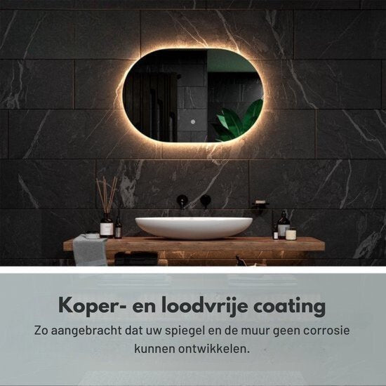 Mirlux Badkamerspiegel met LED Verlichting & Verwarming – Wandspiegel Ovaal – Anti Condens Douchespiegel - 90x60CM