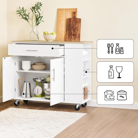 SoBuy Verrijdbaar Keukeneiland - Keuken Trolley - Keukenkast op Wieltjes - voor Eetkamer of Keuken, Wit 99x40x85 cm FKW133-WN