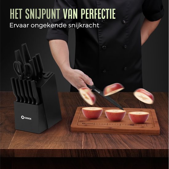 COOCK - Messenset met Blok en Vouwbare Snijplank – Keukenmessen - Schaar - Messenslijper – 15-Delige Keukengerei Set in Messenblok - RVS – Met ‘Non Stick’ Coating - Zwart
