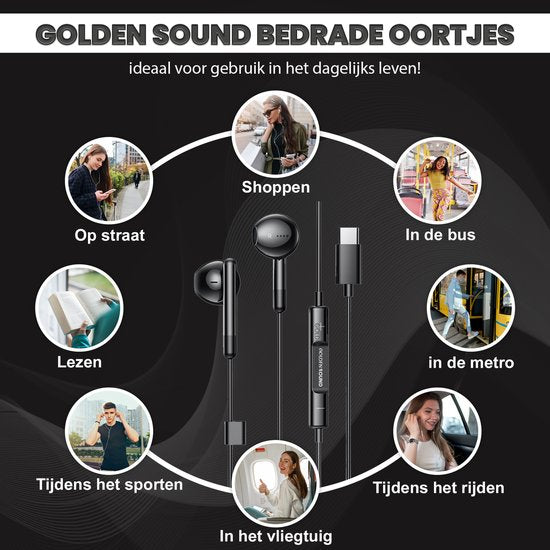 Golden Sound bedrade oordopjes - Oordopjes met draad en microfoon - USB-C aansluiting - Zwart