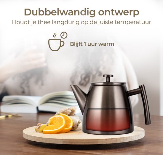 Vaja® Theepot Juliette Gun Metal - Dubbelwandig - 1 Liter - RVS Theekan met Filter