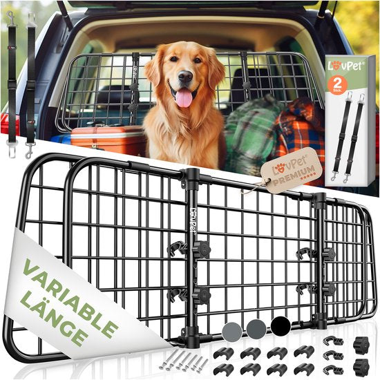 LovPet® Hondenrek Auto, Universele Auto Afscheiding, Verstelbare Breedte, Hoofdsteun Bagagerek Kofferbak Bescherming Afmetingen HxB 30 x 91-153 cm , + 2x Veiligheidsriem voor Honden - Zwart