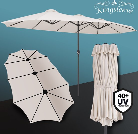 Kingsleeve Dubbele Parasol XXL – Voorzien Van UV Bescherming 80 Plus En Drie Windopeningen En Kleurgecoördineerde Beschermhoes – Voor Tuin En Terras – Crème Polyester En Gepoedercoat Staal – 460 x 270 x 240 cm