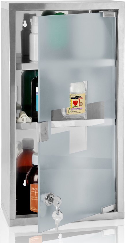 Monzana - Medicijnkastje met Slot - Zilver - RVS - 48,5cm x 25cm x 12cm