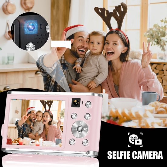 K&L Digitale Camera 4K - Fototoestel - Fotocamera - Compact Camera - Vlog Camera - Voor Kinderen - Inclusief 64GB - NL Software - Roze