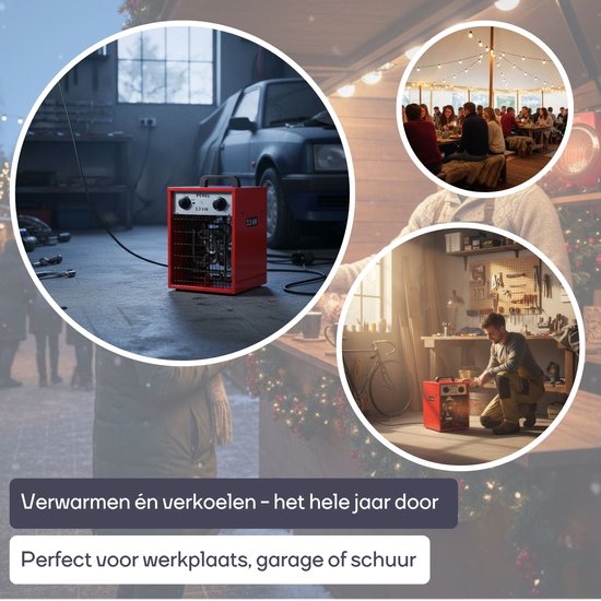 Perel Elektrische ventilatorkachel 3300W, 2 warmtestanden, thermostaat en koelstand, IP24, met oververhittingsbeveiliging, compacte draagbare heater voor werkplaats, garage, hobbyruimte