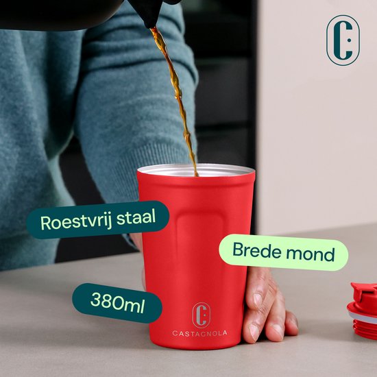 Castagnola Thermosbeker - Koffiebeker To Go - Travel Mug voor Koffie en Thee - Theebeker - 380 ML - RVS - Rood