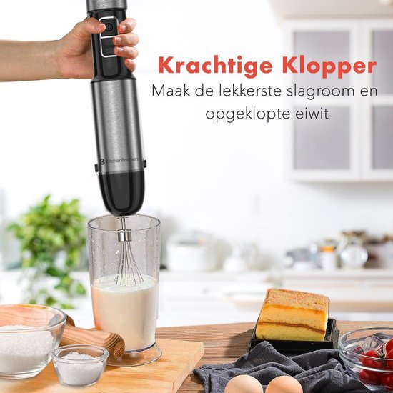 KitchenBrothers Staafmixer Set - Hakmolen - Garde - Maatbeker - 4-in-1 Mixer - 6 Snelheden + Turbo - RVS