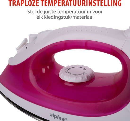 alpina Stoomstrijkijzer - 2000 Watt - Traploze Temperatuur - Stoomboost - Sproeifunctie - RVS Zool - Roze