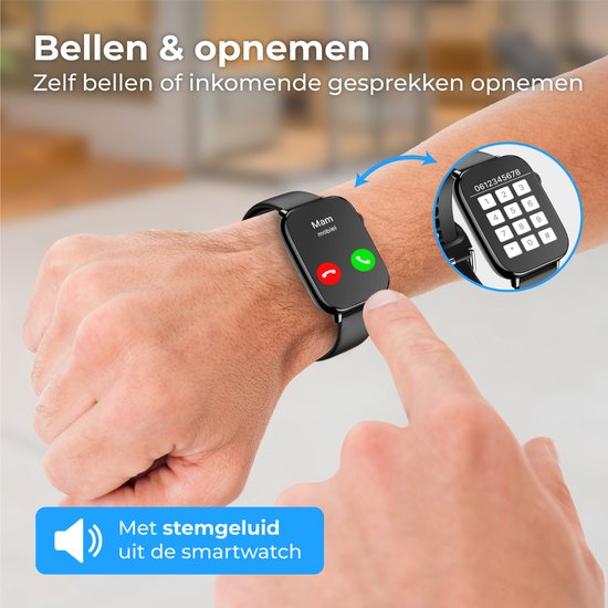 Nuvance - Smartwatch Heren & Dames met Bluetooth - IP68 Waterdicht - Geschikt voor alle Smartphones - Stappenteller en Hartslagmeter - Zwart