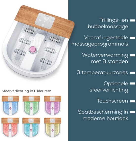 Beurer FB 65 Elektrisch voetenbad - Voetmassage - Trillings-en bubbelmassage - Aromatherapie - Infrarood - LED sfeerverlichting - Verwarming - Magnetische velden - Voetreflex rollers - 3 Pedicure-opzetstukken - Tot maat 51 - 3 Jaar garantie