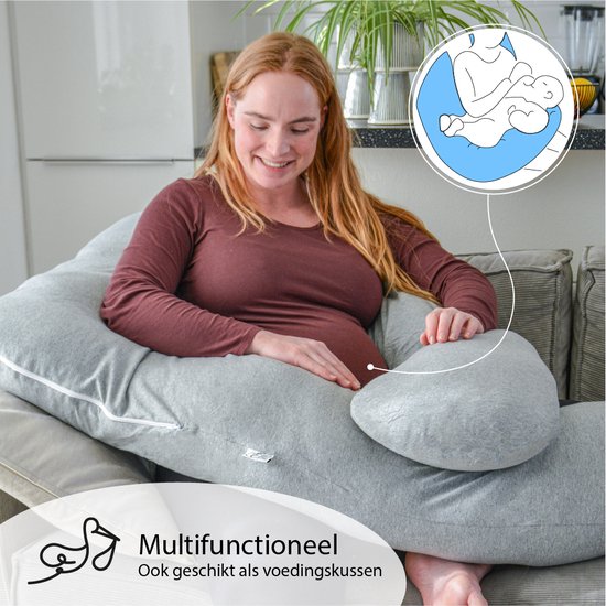 EL-Life Zwangerschapskussen XXL U-Vorm - Zijslaapkussen - Lichaamskussen - Voedingskussen - Body Pillow - 140x80cm - Afneembare Jersey Katoenen Hoes, Lichtgrijs