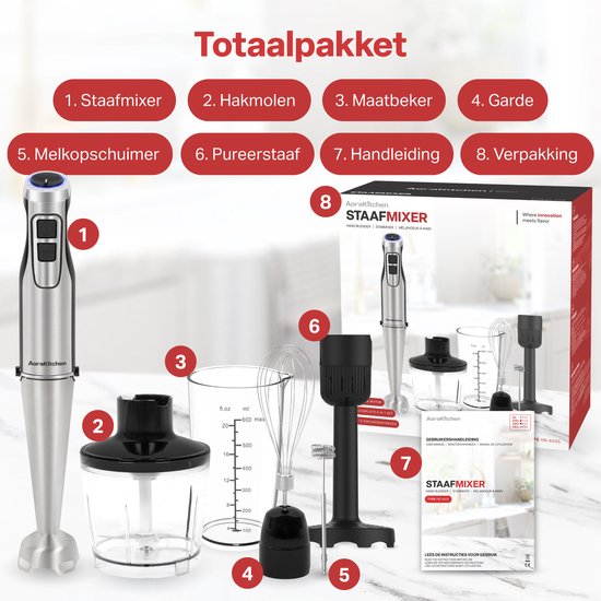 AoraKitchen Staafmixer Set - 6 Delig - 1000W - Turbo - Melkopschuimer - Hakmolen - Maatbeker - Garde