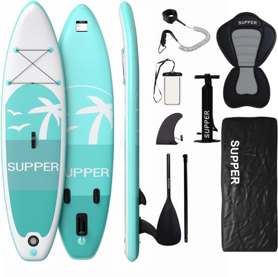 Supper Sup Board XL - Max. 220KG - Opblaasbaar – Paddle Board – Waterdicht Telefoonhoesje – Pomp – Vin – Leash – Draagtas – 335 x 81 cm - Turqoise