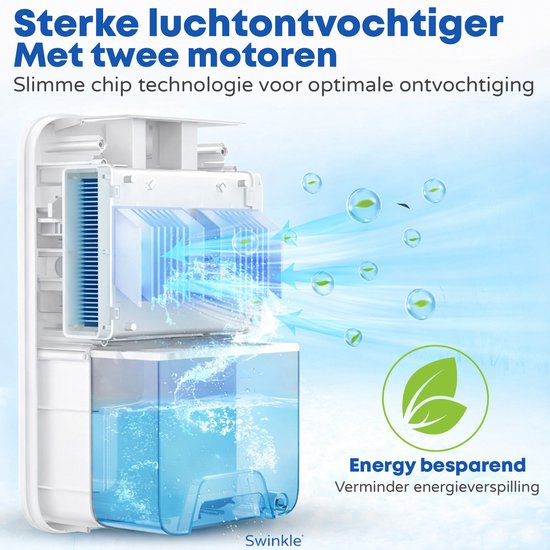 Swinkle Luchtontvochtiger 2.5L – Ontvochtigt tot 1L per dag – Dehumidifier met Ionisator & 7-Kleuren LED – Stil & Energiezuinig – Voor Slaapkamer, Badkamer & Woonkamer – Wit