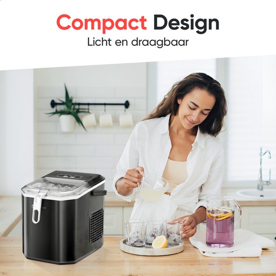 Kitchenwell IJsblokjesmachine – 1.3L - IJsblokjesmaker met IJsschep – 12kg/24 uur – Zelfreinigingsfunctie - Draagbaar - Zwart