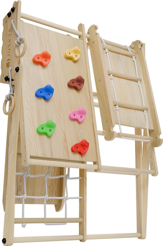Juskys – Indoor Klimrek Voor Kinderen – 102 x 98 x 100 cm & Met Glijbaan En Klimwand – Voorzien Van Turnringen En Touwladder – Inklapbaar En Vrijstaand – Naturel En Bont Hout