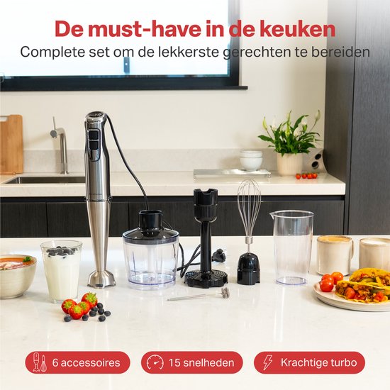 AoraKitchen Staafmixer Set - 6 Delig - 1000W - Turbo - Melkopschuimer - Hakmolen - Maatbeker - Garde