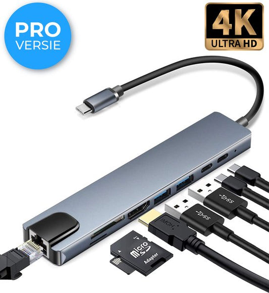 Nuvance - USB C Hub 3.0 – 8 Poorten - USB Splitter met Ethernet - USB C naar HDMI - USB Hub 3.0 - Docking Station Laptop - Micro SD Card Reader - HDMI 4K - Grijs
