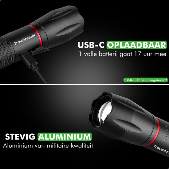 Travelhawk Zaklamp Oplaadbaar - Zaklamp Led Oplaadbaar - Militaire Zaklamp - 1000 Lumen - Waterproof - Inclusief USB-C kabel - 1 stuks