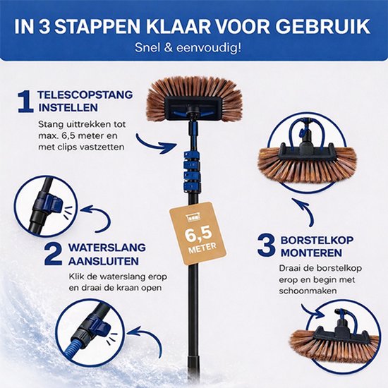 Nexxt Telescopische Waterbezem 6,5m - Grote Borstelkop - Ramenwasser Telescopisch - Wasborstel met Telescopische Steel - Zeepdispenser
