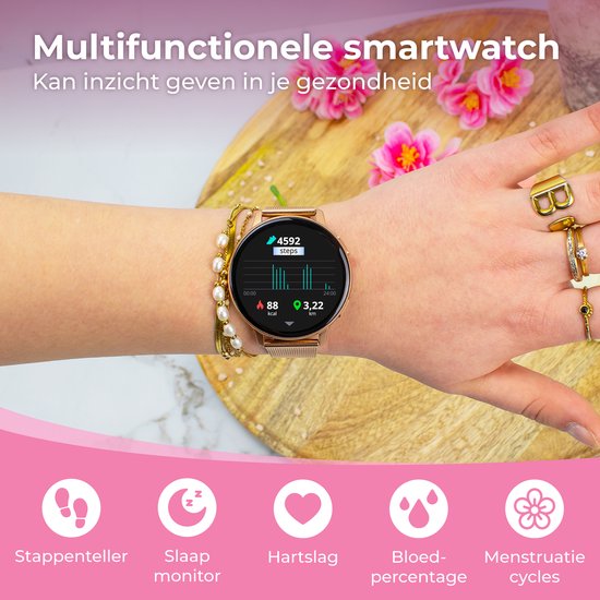 Nuvance - Smartwatch - Dames - 42mm - Bluetooth - Stappenteller - Hartslagmeter - GPS - Waterdicht - IOS/Android - Rosé Goud