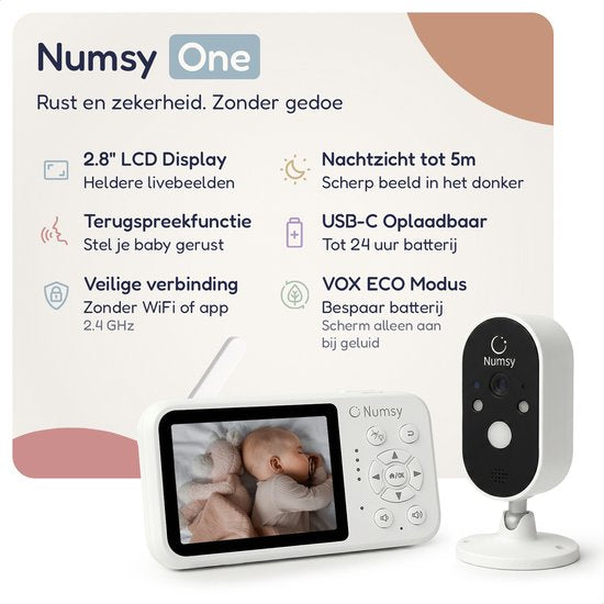 Numsy One Babyfoon met Camera – 2.8 Scherm – Nachtzicht – VOX/ECO – Terugspreekfunctie