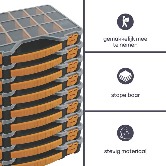 Perel assortimentsdoos, max. 20 compartimenten, 16 tussenschotten, transparant deksel, stapelbaar, 326 x 257 x 48 mm, geel/zwart