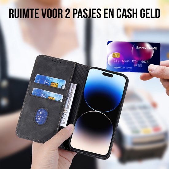 Podec Hoesje met Pasjeshouder Geschikt voor iPhone 12 Pro Max Zwart Telefoonhoesje - Anti-Shock Bookcase Cover met 1x Screenprotector - Wallet Case