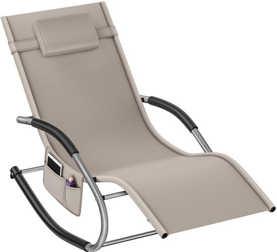 tectake® Ligstoel Taya - Ergonomisch Ligbed voor Tuin, Terras, Balkon - Relaxstoel met Schommelfunctie - Tuinstoel met Comfortabele Armleuningen, Hoofdsteun en Opbergvak - Weerbestendig en Waterafstotend - 120kg Draagkracht - Beige