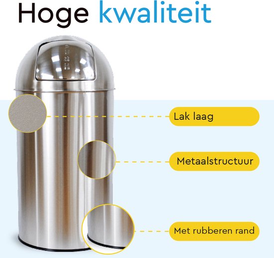 BRASQ Push Bin Prullenbak RVS Vuilnisbak met uitneembare afvalemmer 30 liter - Afvalbak - Prullenbakken